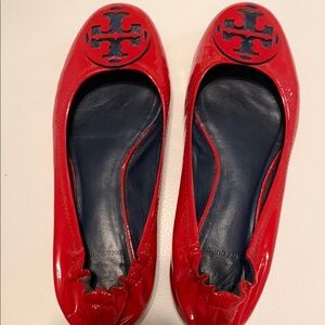 Tory Burch Red Leather Flats with Logo Medallion
